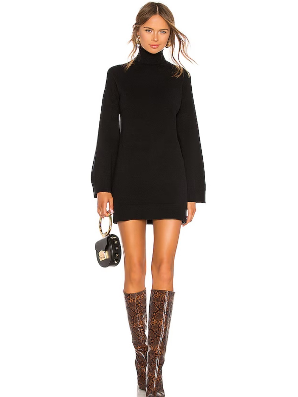 LPA Fallon Black Turtleneck Sweater Mini Dress XS Bell Sleeve
